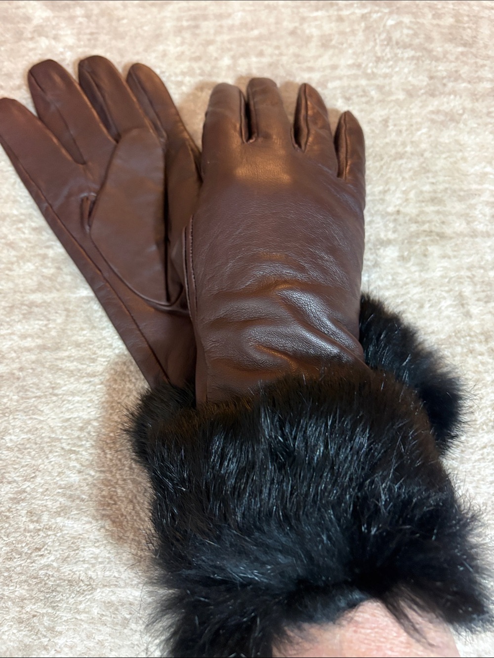 Women's Brown Leather Gloves with Black Fur Cuff